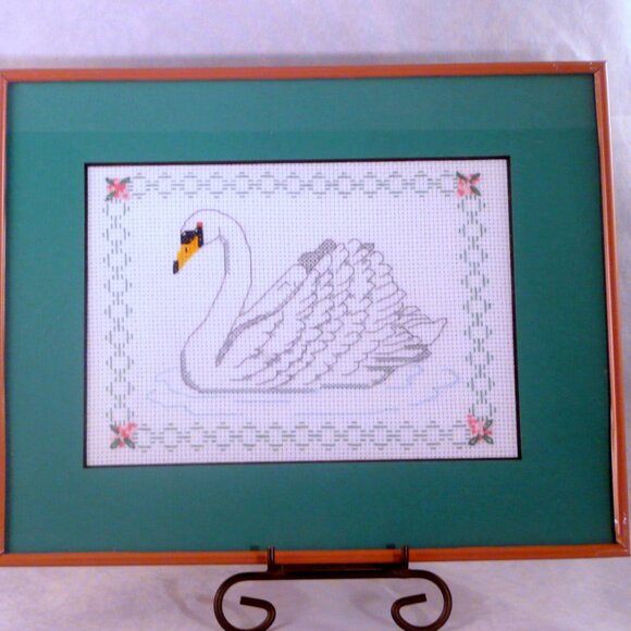 Pair Elegant Regal Swans Cross Stitch Framed Art Wall Decor 8.5" x 10.5" - Picture 3 of 8